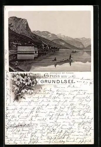 Vorläufer-Lithographie Grundlsee bei Aussee, 1892, Boot auf dem See, Bootshäuser und Gebirge