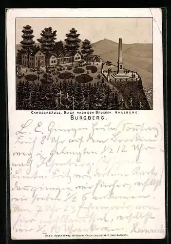 Vorläufer-Lithographie Bad Harzburg, 1892, Gasthaus und Canossasäule auf dem Burgberg
