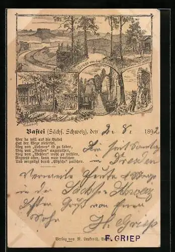 Vorläufer-Lithographie Bastei /Sächs. Schweiz, 1892, Gasthaus, Blick über die Elbe ins Land, Ganzsache 5 Pfennig