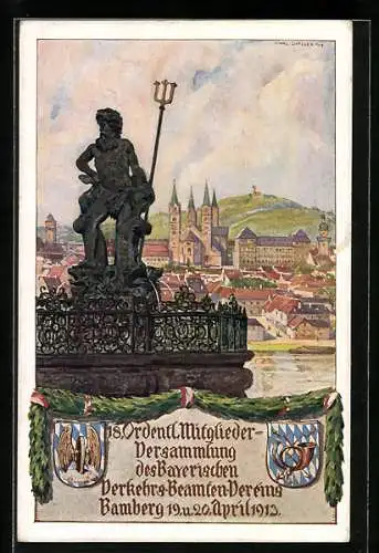 AK Bamberg, 18. Ordentl. Mitglieder-Versammlung des Bayerischen Verkehrs-Beamten-Vereins 1913, Ganzsache Bayern 5 Pfg.