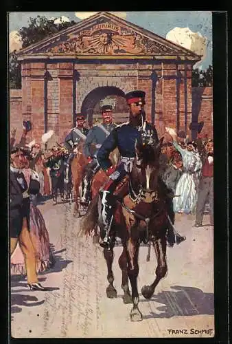 Künstler-AK Auszug des Kronprinzen von Preussen aus der Festung Landau am 4.8.1870, Ganzsache Bayern 5 Pfennig
