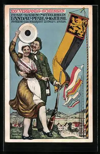 Künstler-AK Ganzsache Bayern PP27C22: Landau /Pfalz, XXV. Verbandsschiessen in 1911, Festpostkarte