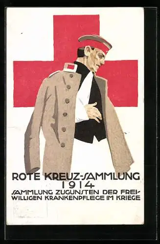 Künstler-AK Ludwig Hohlwein: Rote Kreuz-Sammlung 1914, Verwundeter Soldat, Ganzsache Bayern 5 Pfennig