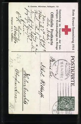 Künstler-AK Ludwig Hohlwein: Rote Kreuz-Sammlung 1914, Verwundeter Soldat, Ganzsache Bayern 5 Pfennig