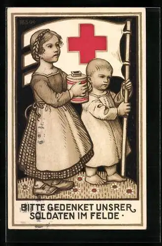 Künstler-AK Nürnberg, Kinder mit Fahne und Spendenbüchse, Rotes Kreuz-Sammlung, Ganzsache Bayern 5 Pfennig