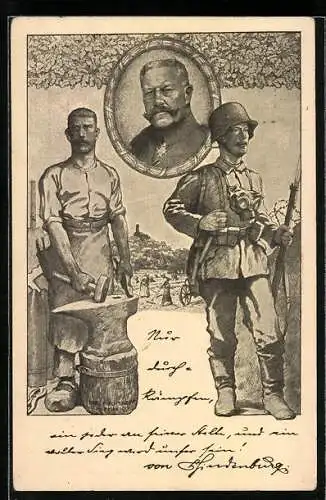Künstler-AK Porträt Paul von Hindenburg, Soldat und Arbeiter, Frauen bei der Feldarbeit, Ganzsache Bayern