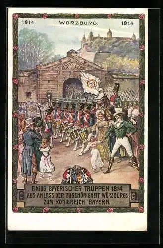 Künstler-AK Würzburg, Festpostkarte zur Jahrhundertfeier 1914, Einzug Bayer. Truppen 1814, Ganzsache Bayern 5 Pfennig