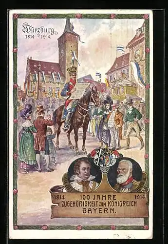 Künstler-AK Würzburg, Jahrhundertfeier 1914, 100 Jahre Zugehörigkeit zum Königreich Bayern, Ganzsache Bayern 5 Pfennig