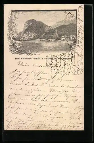 Vorläufer-Lithographie Scharfling, 1894, Josef Wesenauers Gasthof mit dem Schafberg