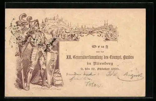 Lithographie Ganzsache Bayern PP7C39: Nürnberg, XII. Generalversammlung des Evangel. Bundes 1899, Ritter in Rüstung