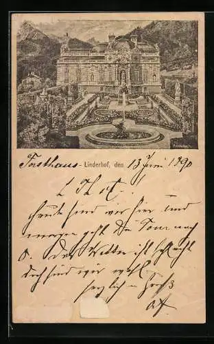 Vorläufer-Lithographie Ganzsache Bayern PP4F14 /01: Linderhof, 1890, Ansicht von Schloss und Garten