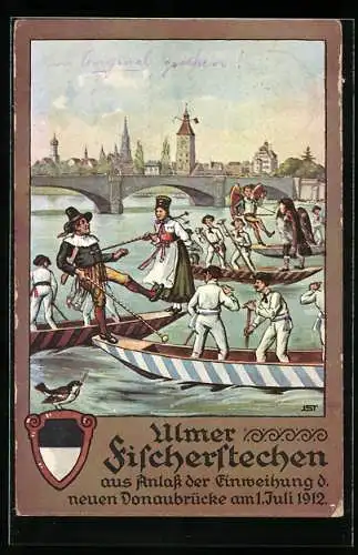 AK Ganzsache Bayern PP27C61: Ulm a. D., Ulmer Fischerstechen zur Einweihung d. neuen Donaubrücke 1912