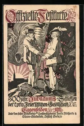 Künstler-AK Ganzsache Bayern PP27C21: Eggenfelden, 500 jähriges Jubiläums-Schiessen 1911, Handschlag zweier Schützen