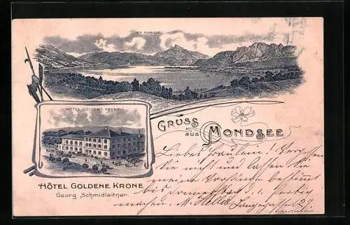 Lithographie Mondsee, Hotel Goldene Krone, Panoramablick auf den Mondsee