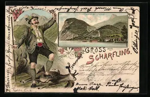 Lithographie Scharfling, Jäger mit geschossener Gemse, Ortsansicht gegen den Schafberg