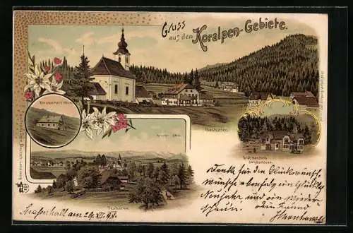Lithographie Trahütten, Ortsansicht mit Kirche, Koralpenhaus, Glashütten