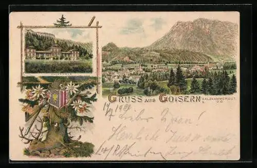 Lithographie Goisern /Salzkammergut, Hotel Valeriebad, Ortsansicht