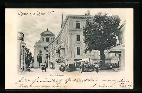 AK Ischl, Marktstand und Geschäft in der Poststrasse