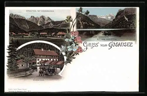 Lithographie Gosausee, Schmiede und Gosauthal mit Donnerkogln