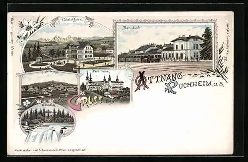 Lithographie Attnang-Puchheim /O. Ö., Bahnhof, Bahnhof-Hotel, Traunfall