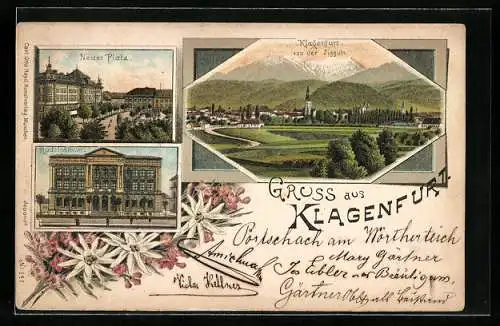 Lithographie Klagenfurt, Rudolphinum, Neuer Platz und Blick von der Zigguln