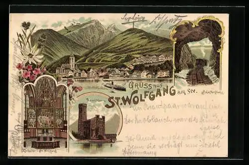 Lithographie St. Wolfgang am See, Schafbergbahn, Hochaltar und Leuchtturm