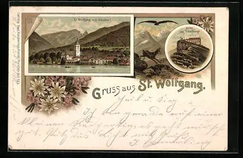 Lithographie St. Wolfgang, Ortsansicht, Hotel am Schafberge