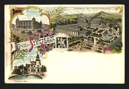 Lithographie Stuttgart, Ausstellungsplatz, Landesgewerbemuseum, Elektrizitäts-Haus