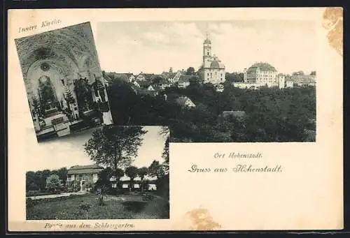 AK Hohenstadt / Aalen, Totalansicht mit Kirche, Innere Kirche, Partie aus dem Schlossgarten