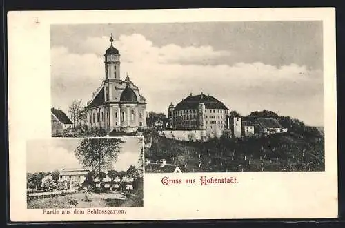 AK Hohenstadt / Aalen, Schlossgarten-Partie, Kirchen-Panorama