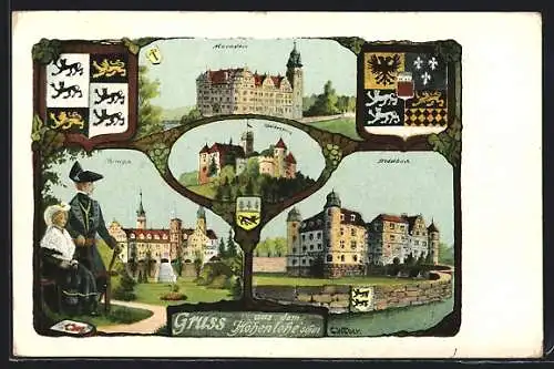 AK Öhringen, Blick zu den Burgen & Schlössern Auenstein, Pfedelbach, Waldenburg & Öhringen