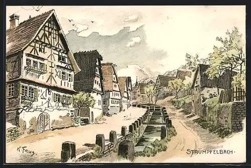 Künstler-AK Strümpfelbach, Kanal vor den Häusern