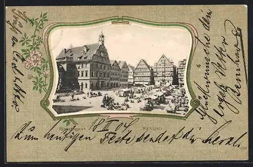 Passepartout-Lithographie Stuttgart, Marktplatz mit Marktbetrieb, Blumen, Ornamente