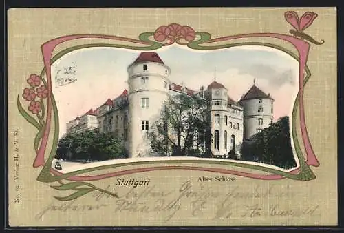 Passepartout-Lithographie Stuttgart, Altes Schloss, Blumen-Ornamente, Schmetterling