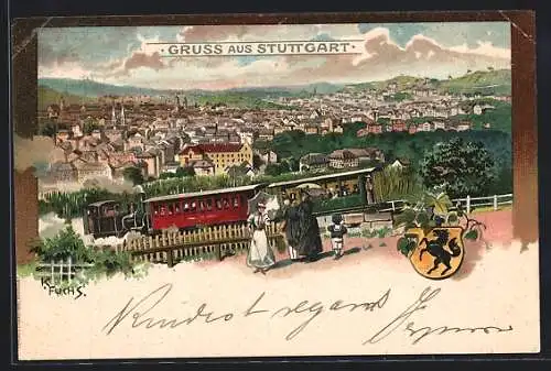 Lithographie Stuttgart, Gesamtansicht mit Eisenbahn und Wappen