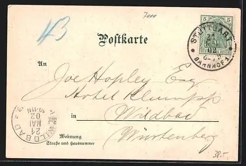 Lithographie Stuttgart, Gesamtansicht mit Eisenbahn und Wappen