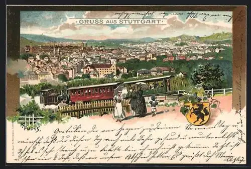 Lithographie Stuttgart, Gesamtansicht mit Eisenbahn und Wappen