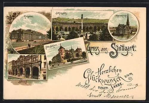 Lithographie Stuttgart, Königsbau, Schlossplatz, Johanneskirche, Bahnhof, Altes Schloss