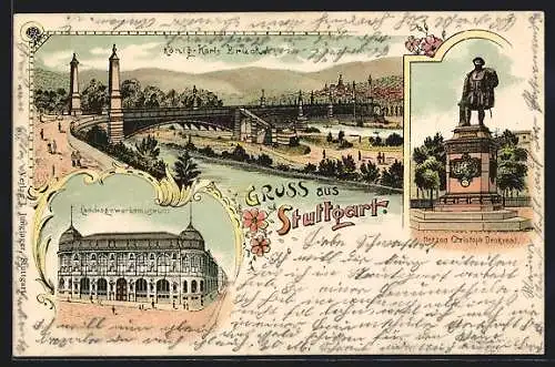 Lithographie Stuttgart, König-Karls Brücke, Landesgewerbemuseum, Herzog Christoph Denkmal