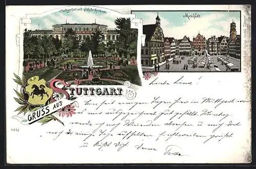 Lithographie Stuttgart, Stadtgarten und Polytechnikum, Marktplatz