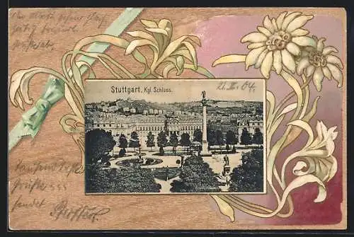 Passepartout-Lithographie Stuttgart, Kgl. Schloss mit Anlagen aus der Vogelschau, Edelweiss
