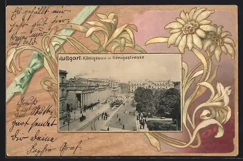 Passepartout-Lithographie Stuttgart, Königsbau mit Königsstrasse, Edelweiss
