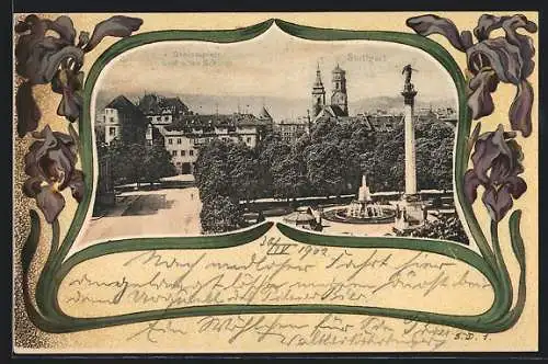 Passepartout-Lithographie Stuttgart, Schlossplatz und altes Schloss, Lilien