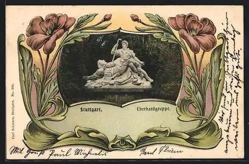 Passepartout-Lithographie Stuttgart, Eberhardgruppe, Blumen-Ornamente