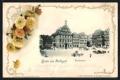 Passepartout-Lithographie Stuttgart, Marktplatz mit Marktbetrieb, Blumen