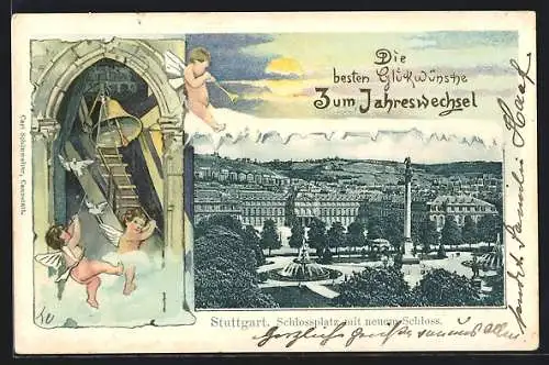 Lithographie Stuttgart, Schlossplatz mit neuem Schloss, Engel im Glockenturm, Glückwünsche zum Jahreswechsel