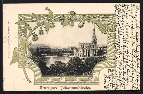 Passepartout-Lithographie Stuttgart, Johanneskirche mit Umgebung, Blume und Schwäne