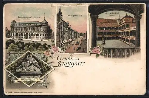 Lithographie Stuttgart, Königsstrasse, Hofansicht Altes Schloss, Landesgewerbemuseum, Eberhardsgruppe
