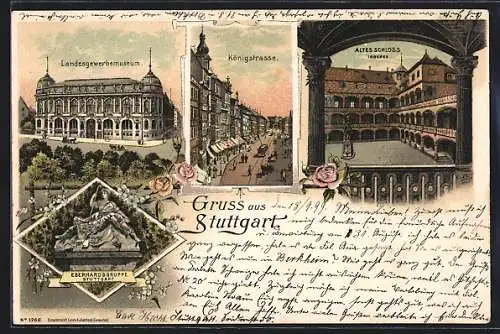 Lithographie Stuttgart, die Eberhardsgruppe, das Landesgewerbemuseum, Blick in die Königstrasse, Altes Schloss