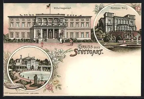 Lithographie Stuttgart, Wilhelmspalast, Wilhelma, Schloss Berg